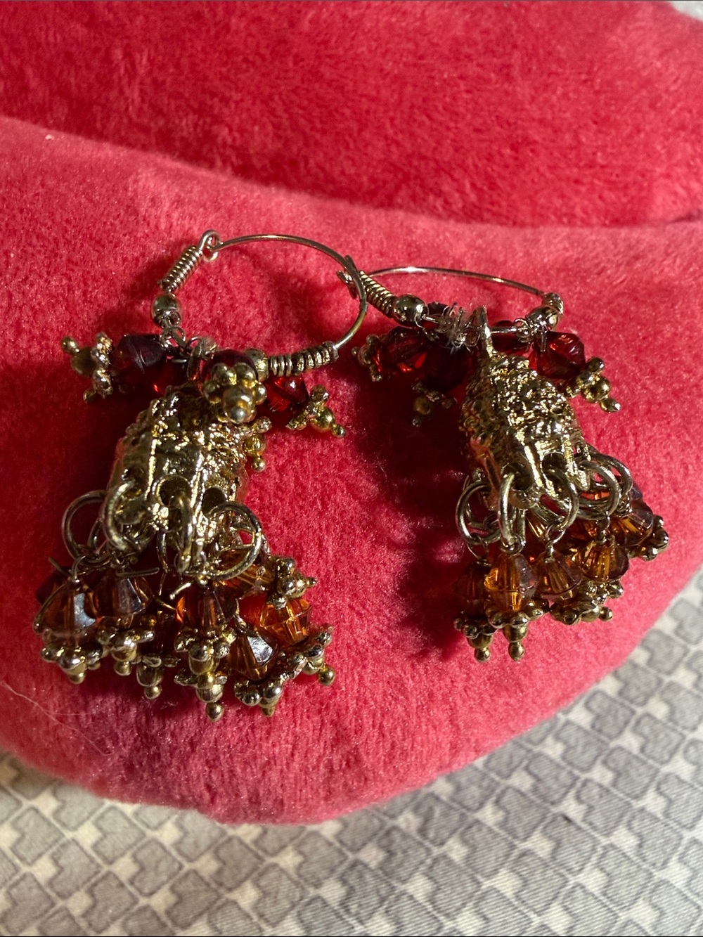 Gold and amber/ red colored  crystal Jhumka Hoop Earrings - Women Jewelry